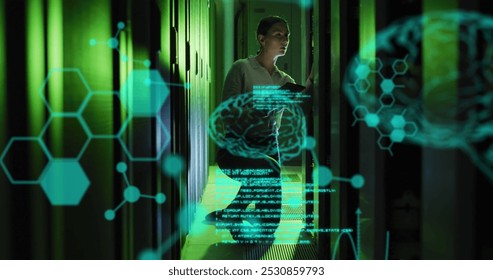 Image of data processing and digital brain over caucasian woman in server room. Global technology, online security and digital interface concept digitally generated image.