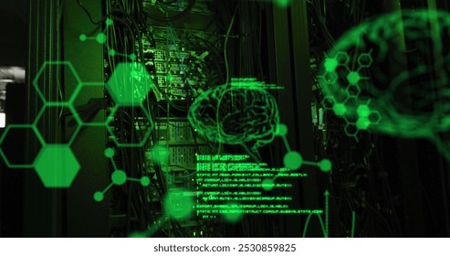 Image of data processing and digital brain over server room. Global technology, online security and digital interface concept digitally generated image.