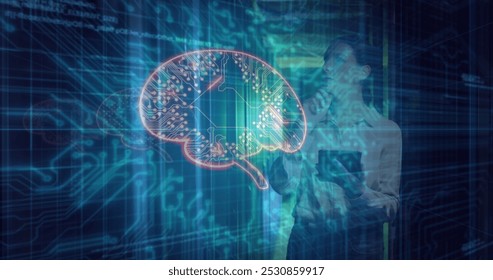Image of data processing and digital brain over caucasian woman in server room. Global technology, online security and digital interface concept digitally generated image.