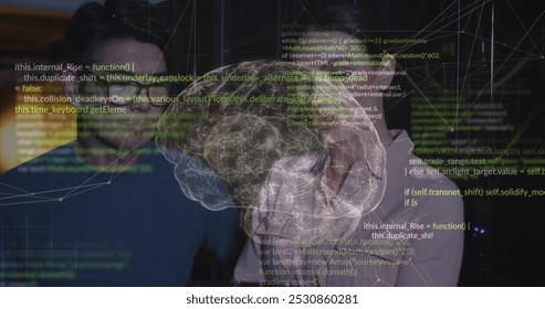 Image of data processing and digital brain over diverse workers in server room. Global technology, online security and digital interface concept digitally generated image.