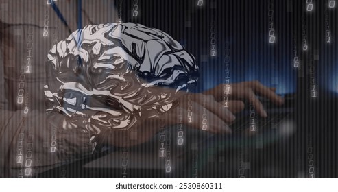 Image of data processing and digital brain over caucasian woman in server room. Global technology, online security and digital interface concept digitally generated image.