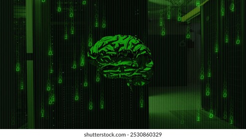 Image of data processing and digital brain over server room. Global technology, online security and digital interface concept digitally generated image.