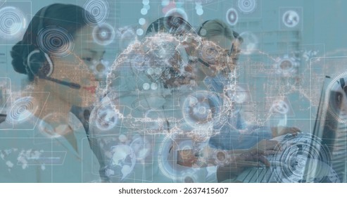Image of data processing with digital brain over diverse business people in office. Global business, computing and digital interface concept digitally generated image.