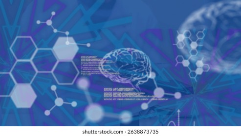 Image of data processing and digital brain over caucasian female scientist. Science medicine healthcare and technology concept digitally generated image.