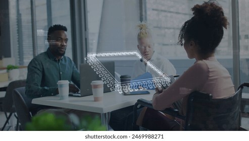 Image of data processing and digital city over diverse business people in office. Global business and digital interface concept digitally generated image.