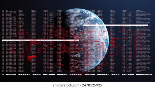 Image of data processing and digital city over globe on black background. Global technology, computing and digital interface concept digitally generated image.