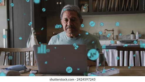 Image of data processing with digital financial icons over worried senior man using laptop. digital interface, global connection and communication concept digitally generated image. - Powered by Shutterstock - Get 15% off with code: PIKWIZARD15