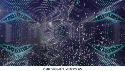 Image of data processing and digital human head over shapes on black background. Global technology, computing and digital interface concept digitally generated image.
