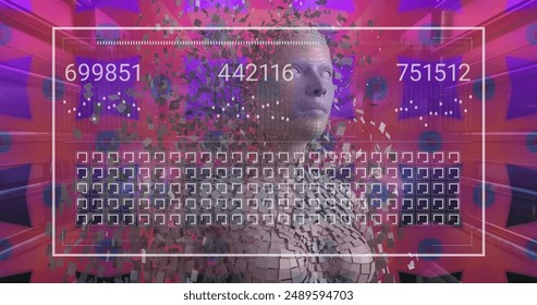 Image of data processing and digital human over shapes on purple background. Global technology, computing and digital interface concept digitally generated image.