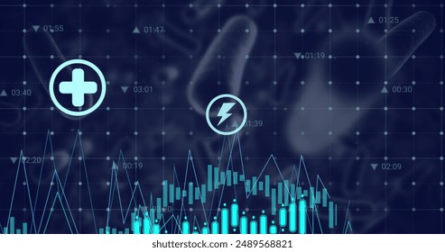 Image of data processing and digital icons over blood vessels floating against blue background. Medical research and business technology concept