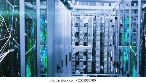 Image of data processing and digital information flowing through network of computer servers in server room. Global network of internet service provider or data processing centre concept.