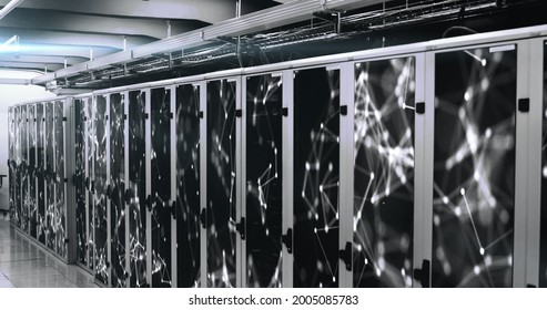 Image of data processing and digital information flowing through network of computer servers in server room. Global network of internet service provider or data processing centre concept.