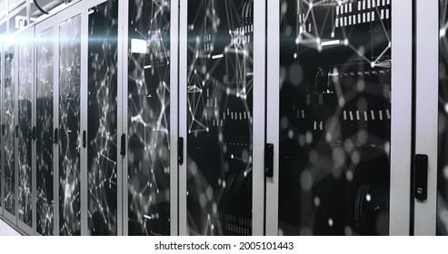 Image of data processing and digital information flowing through network of computer servers in server room. Global network of internet service provider or data processing centre concept.