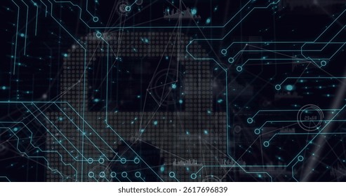 Image of data processing and digital padlock over integrated circuit on black background. global internet security, data safety and digital interface concept digitally generated image.