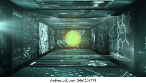 Image of data processing and digital screens with data. Global digital interface technology and networking concept digitally generated image.