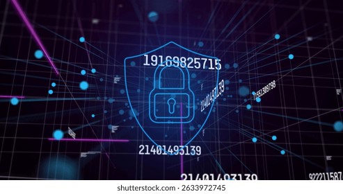 Image of data processing and digital shield with padlock on black background. Data processing, digital interface, data security and technology concept digitally generated image.