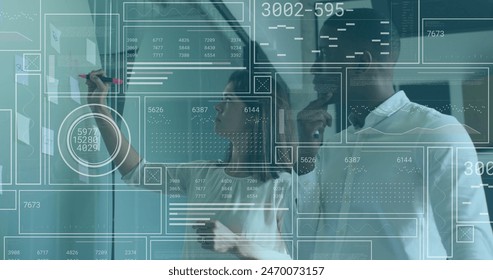 Image of data processing and diverse male and female colleagues writing on white board at office. Computer interface and business technology concept