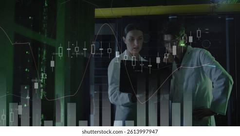 Image of data processing, diverse male and female it engineers with laptop by computer servers. data processing, cloud computing concept and technology concept digitally generated image.