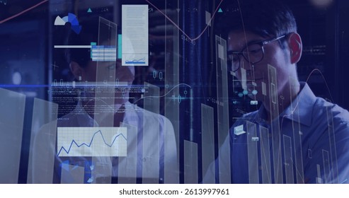 Image of data processing, diverse male and female it engineers by computer servers. data processing, cloud computing concept and technology concept digitally generated image.