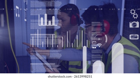 Image of data processing, diverse male and female it engineers with tablet by computer servers. data processing, cloud computing concept and technology concept digitally generated image.