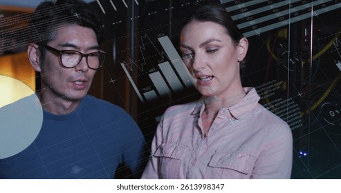 Image of data processing, diverse male and female it engineers with tablet by computer servers. data processing, cloud computing concept and technology concept digitally generated image.