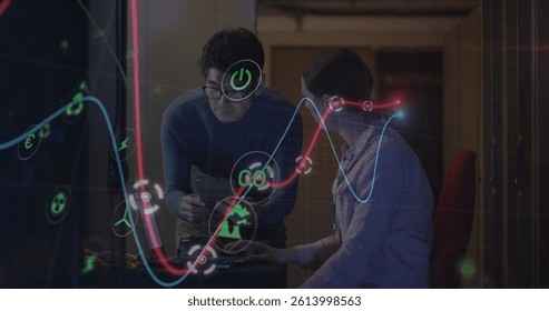 Image of data processing, diverse male and female it engineers with laptop by computer servers. data processing, cloud computing concept and technology concept digitally generated image.