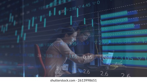 Image of data processing, diverse male and female it engineers with laptop by computer servers. data processing, cloud computing concept and technology concept digitally generated image.