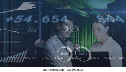 Image of data processing, diverse male and female it engineers with laptop by computer servers. data processing, cloud computing concept and technology concept digitally generated image.