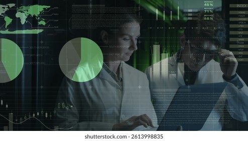 Image of data processing, diverse male and female it engineers with laptop by computer servers. data processing, cloud computing concept and technology concept digitally generated image.