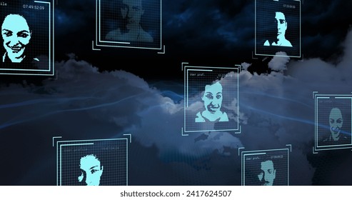 Image of data processing with diverse people portraits over sky with clouds. Global business, computing and digital interface concept digitally generated image.