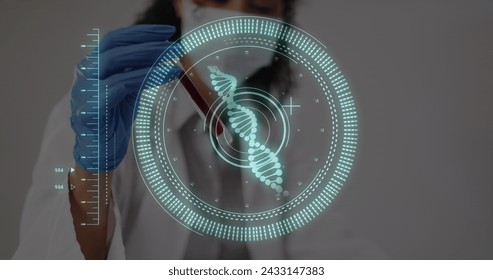 Image of data processing and dna strand over biracial female doctor with test tubes. Global medicine and digital interface concept digitally generated image. - Powered by Shutterstock