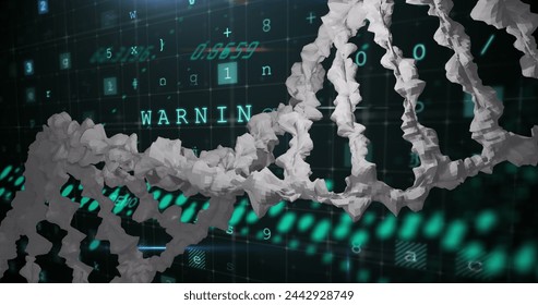 Image of data processing and dna strand on black background. global technology and digital interface concept digitally generated image.