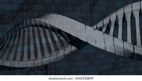 Image of data processing and dna strand on black background. global technology and digital interface concept digitally generated image.