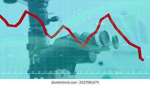 Image of data processing and dna strand over microscope. Global business and digital interface concept digitally generated image.