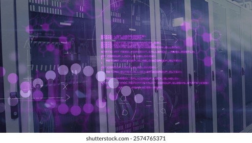 Image of data processing and dna strand over server room. Global technology and digital interface concept digitally generated image.