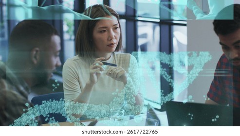 Image of data processing and dna strand over caucasian business people in office. global business, connections and data processing concept digitally generated image.