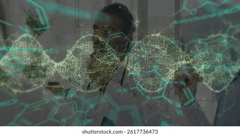 Image of data processing and dna strand spinning over biracial male doctor. global medicine, research, healthcare, digital interface and data processing concept digitally generated image.