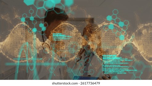 Image of data processing and dna strand over caucasian male and female doctor. global medicine, research, healthcare, digital interface and data processing concept digitally generated image