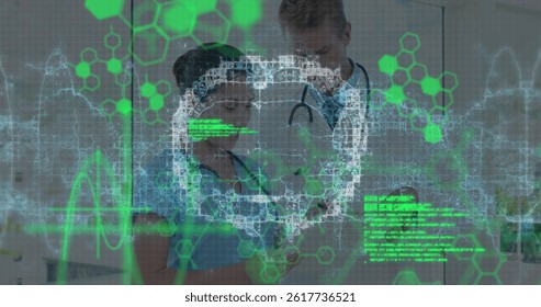 Image of data processing and dna strand spinning over diverse doctors. global medicine, research, healthcare, digital interface and data processing concept digitally generated image.