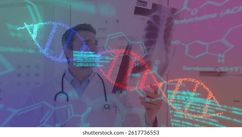 Image of data processing and dna strand spinning over caucasian male doctor. global medicine, research, healthcare, digital interface and data processing concept digitally generated image.