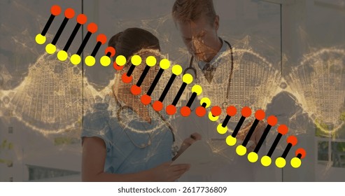 Image of data processing and dna strand spinning over diverse doctors. global medicine, research, healthcare, digital interface and data processing concept digitally generated image.