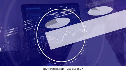 Image of data processing and dna strand over caucasian woman using computer. global technology, computing and digital interface concept digitally generated image.