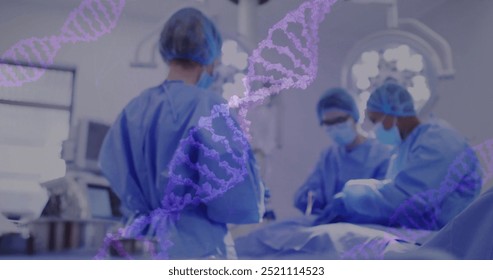 Image of data processing and dna strands over diverse surgeons during operation. Technology, medicine and digital interface concept digitally generated image. - Powered by Shutterstock