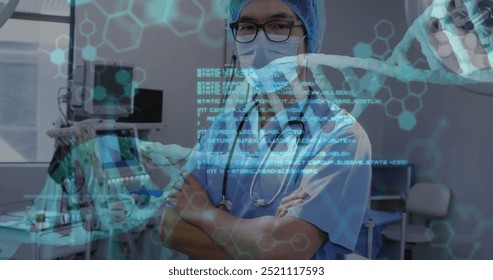 Image of data processing and dna strands over asian male surgeon with face mask. Technology, medicine and digital interface concept digitally generated image.