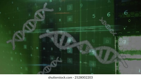 Image of data processing and dna strands spinning. Global science, medicine and healthcare services concept digitally generated image.