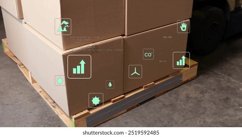 Image of data processing and ecology icons over warehouse. Delivery and digital interface concept digitally generated image.