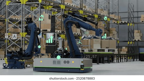 Image of data processing and ecology icons over warehouse. Global delivery and digital interface concept digitally generated image.
