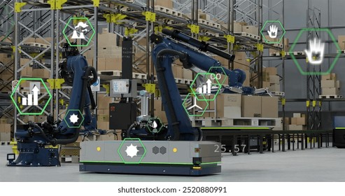 Image of data processing and ecology icons over warehouse. Delivery and digital interface concept digitally generated image.