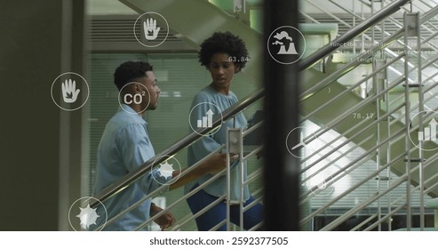 Image of data processing and ecology icons over office. Technology, business and digital interface concept digitally generated image.