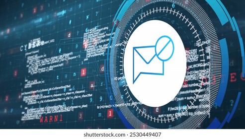 Image of data processing with envelope icon over blue background. Global technology and digital interface concept digitally generated image